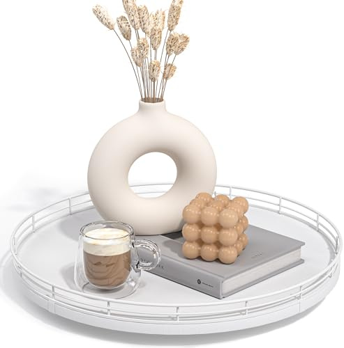 13-Inch Oak Decorative Tray for Coffee Table and Vanity, White Finish | Rotating oak tray organizes spices, toiletries and decor on kitchen counters, bathroom vanities, dining and coffee tables.