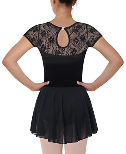 Mulnall Women Dance Ballet Leotard with Skirt Adult Lace Short Sleeve Ballerina Dancewear(7027-06-XL)