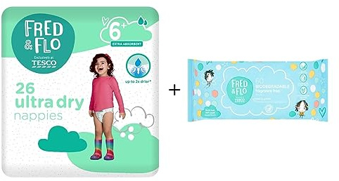 Fred & Flo Size 6+ Nappies 26 Pack + 60 Fragrance Free Baby Wipes