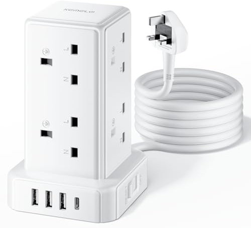 Tower Extension Lead 3M with 8 Way Multi Plug Extension Tower & 4 USB Ports (13A 3250W),Mini Power Strip with Switch, Extension Cable Surge Protection Extension Lead for Home, Office