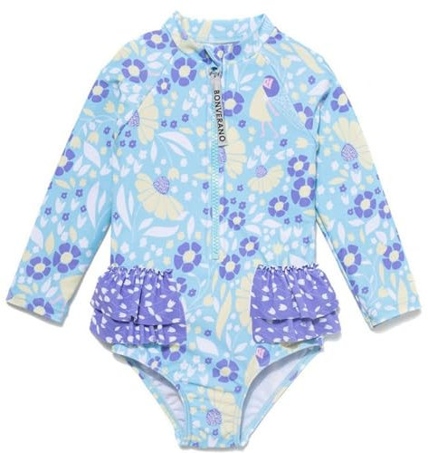 BONVERANO Traje baño bebé protección Solar UPF 50+ Cierre Cremallera con Volantes (Flor 5, 18-24 Meses)