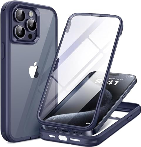 WEYNRBOX iPhone 15 Pro 360 Degree Case,Front and Back Tempered Glass Double Sided Phone case,[10FT Drop Protection] Full Body Shockproof Cover Heavy Duty Rugged Bumper for 15 Pro Case,Blue