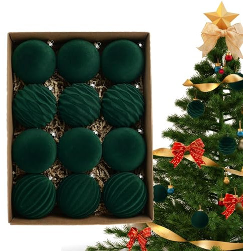 Niktule Weihnachtskugel,weihnachtskugeln samt,12 Stück beflockte Anhänger Kugelornamente,Grüne Kugelornamente für den Weihnachtsbaum,Luxuriöses Design,saisonale Dekoration für Verlobungen,Jubiläen