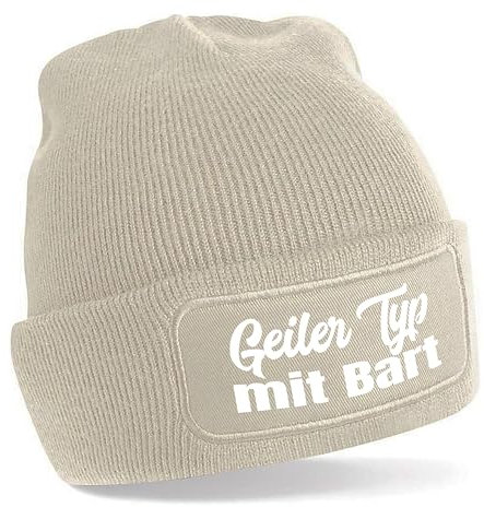 Beanie Strickmütze mit Spruch | Geiler Typ mit Bart | Creme | Unisex SoftTouch angenehm weiche und warme Wintermütze | OneSize Einheitsgröße für Erwachsene