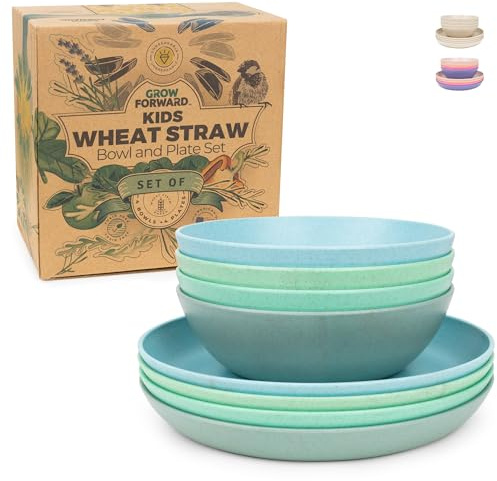 Grow Forward Wheat Straw Kids Plates and Bowls Sets - 8-Piece Unbreakable Dishwasher & Microwave Safe Plastic Plates for Kids - Reusable Non Toxic BPA-Free Dinnerware for Children - Rainforest
