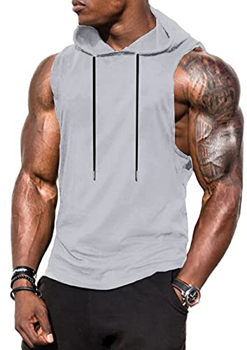 Babioboa Herren Fitness Kapuzenpullover Workout Tanktop ärmellos Hoodie Muskelshirt mit Tasche Sports Grau