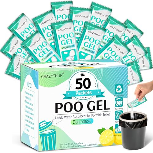 CRAZYTHUR Portable Toilet Gel, 50 Packets Camp Toilet Portable Gel, Poo Powder with Lemon Scent, Eco Gel for Portable Toilet Powder, Travel Toilet Gel for Outdoor Camping and Hiking