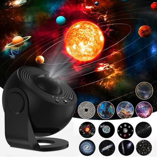 Planetarium Star Projector, Galaxy Realistic Light Projector with 12 Planet Discs, Starry Night Light Space Lamp Timed Silent 360° Rotation Adjustable Focus for Kids Adults Bedroom Living Room