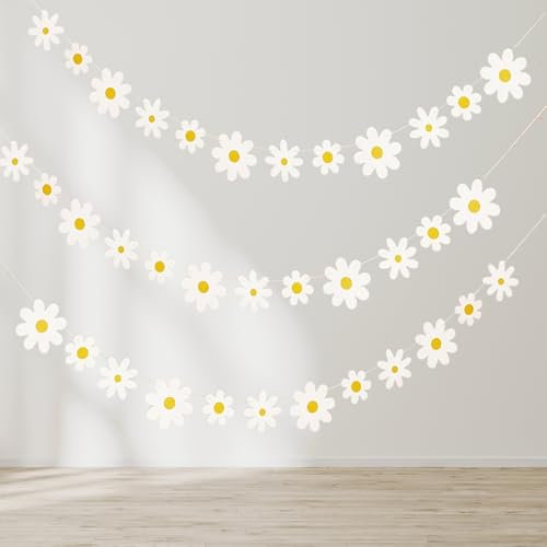 HSLPSM 3 Stück Gänseblümchen Boho Banner Party Dekorationen, Weiß Gänseblümchen Deko Hippie Deko Party, Einfachheit Daisy Girlande Blumen Party Deko für Mädchen Kinder Geburtstag Party Zubehör