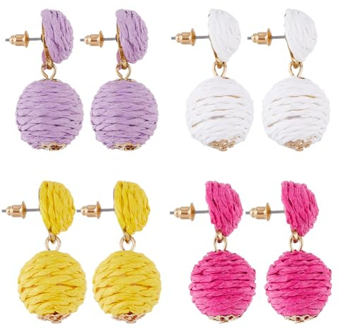 SUPERFINDINGS 4 Pairs Boho Raffia Dangle Earrings Handmade Raffia Lantern Rattan Drop Earrings Woven Straw Wicker Earrings Lightweight Geometric Statement Earrings Summer Beach Jewelry for Women