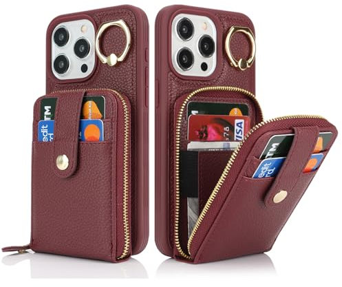 SailorTech iPhone 12 Pro Max Case Ring Stand With Credit Card Holder for Women, Leather Wallet With Card Slots and Zipper - Burgundy