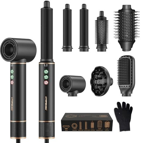 Atopskins Hair Styler set 7 in 1 Air Styler mit Haartrockner 110,000 Rpm High Speed Föhn Mit Diffusor, Luftstrom Rundbürsten Föhnbürste, Auto Lockenstab, Glättbürste, ohne thermische Schäden