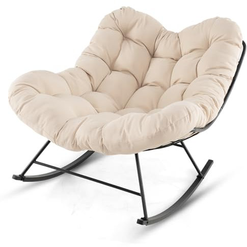 COSTWAY Outdoor Rocking Chair, Oversized Patio Wicker Egg Chair with Thick and Removable Cushion, Rattan Comfy Rocking Lounge Chairs for Living Room, Balcony, Yard & Porch (Beige, 110 x 95 x 94 cm)