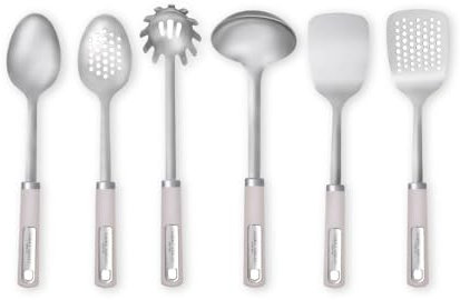 Laura Ashley 6-Pcs Stainless Steel Kitchen Utensils Set - Dishwasher Safe, Soft Grip, Heat Resistant - Cooking Utensils Set Includes Spatulas for Cooking, Spoon, Slotted Spoon, Ladle, Spaghetti Server