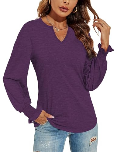 DUOEASE Tee Shirt Manche Longue Femme Col V Sexy Tunique Femme Basique Manches Trompette