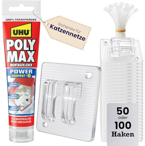 Netevo® 100 Klebehaken mit UHU Montagekleber (115ml), extra Kabelbinder, Alles transparent, extra stark & wetterfest, Haken Befestigung für Katzennetz ohne Bohren, Balkon & Fenster