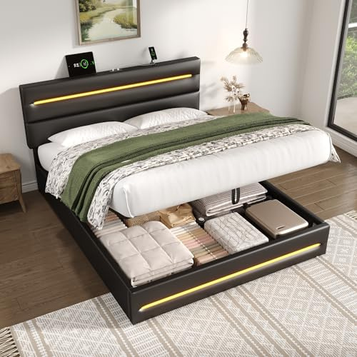 Laxnb 5ft King Size Bed 150x200 cm Upholstered Ottoman Bed Frame with LED and USB/Type-C Charging, Double Bed with Hydraulic Storage and Adjustable Headboard, LED Beds Frame, No Mattress, PU Black