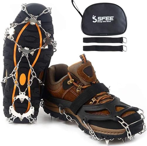 Sfee Ice Snow Grips Crampons Traction Cleats,19 Stainless Steel Spikes for Women Men Kids, Anti Slip Flexible Shoe/Boot Footwear for Walking Climbing Hiking Fishing Outdoor