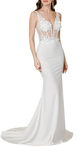 Misshow Robe de Mariée Champêtre Longue, Col V Dos Nu sirène élégant avec Bretelles Chic Pas Cher Ivoire 40