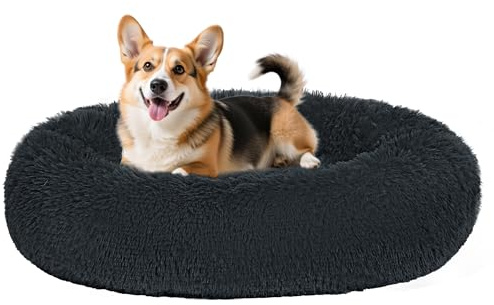 HMTOPE Orthopädisches Hundebett Rund, Katzenbett, Waschbar Kissen, 70x50cm | Hundesofa mit Egg-Crate Schaumstoff, Langer Plüsch Donut für Mittelgroße Hunde, Kuscheliges Hundekorb, Abnehmbar, Dunkelgrau
