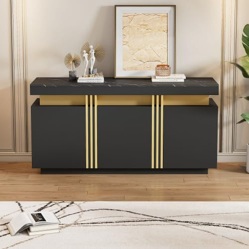 Merax Modernes Schwarz Sideboard – 140 cm Esszimmerschrank mit 3 Türen und verstellbaren Trennwänden, Stilvolles Aufbewahrungsideboard in Schwarz und Gold für Wohnzimmer, Küche und Flur