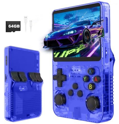 R36s Retro Handheld Game Console, Handheld Games Consoles with 3.5 Inch Ips Display and 20,000+ Classic Games, Portable Pocket R36s Game Console for Teens And Adults (64G) (Blue Translucent)