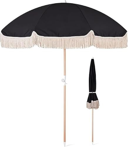 Parasol de jardin incliné en bois, Parasol d'extérieur Portable à pampilles UPF50 + de 6,6 pieds, Parasol de Protection solaire for Patio et plage