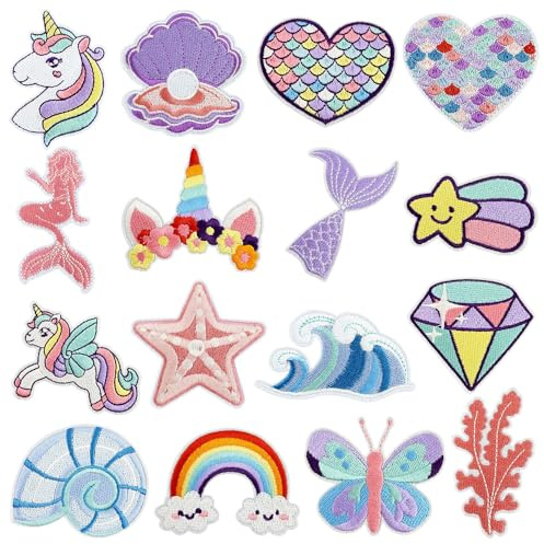 16 Stück Farbe Meerjungfrau Applikation Bügelbilder Bestickte Aufnäher Patch Accessories – Wellen Sterne Iron on Sew on Patches für Jacken,Shoes,Kleid,T-Shirt,Hüte,Jeans,Taschen,Kleidung,Rucksäcke