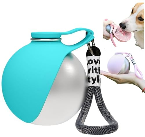 10oz Stainless Steel Dog Water Bottle with Silicone Leaf Bowl, 2-in-1 Leak Proof Portable Dog Travel Water Dispenser, 304 Food Grade Hydration Flask for Small Medium Puppies (Blue)