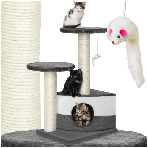 tectake® Katzen Kratzbaum, Katzenbaum klein mit Zubehör Katzen Spielzeug Spielmaus, 2X Sisalseil Kratzstamm, Kratzsäule, inkl. 2X Katzen Liegeplatz und 1x Katzenhöhle - grau/weiß