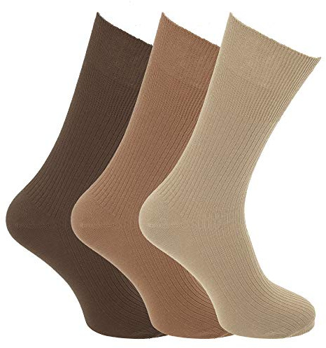 Mens Big Foot Non Elastic Diabetic Socks (3 Pairs) (UK 6-11 EURO 39-45) (Shades Of Brown)