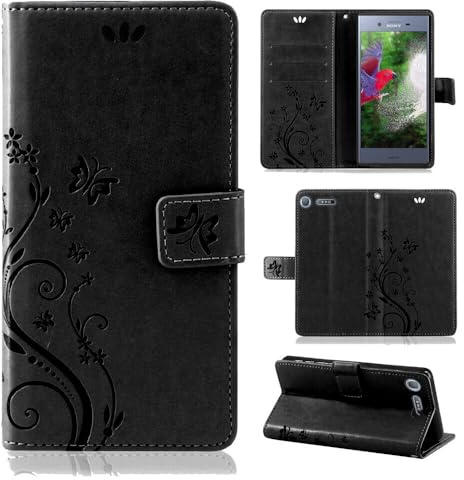 betterfon Hülle Kompatibel mit Sony Xperia XZ1 | Premium PU Leder Handyhülle Wallet Case für Xperia XZ1 | Schutzhülle Blumen Klapphülle Handyhülle | Grau