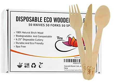 Disposable Wooden Cutlery Set (150-Count) Knives, Forks, Spoons | Heavy-Duty, Ecofriendly Utensils | BPA Free, Biodegradable, Compostable | Single Use, Stop The Spread
