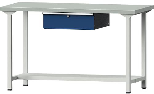 ANKE | Werkbank | Gestellbauweise Serie V | 1 Schublade | 1 Ablageboden | Breite 1500 mm | Höhe 890 mm | Stahlblechbelagplatte
