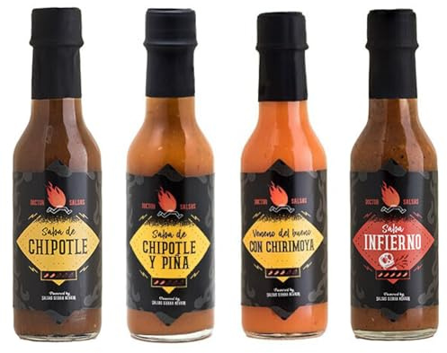 Salsa Extra Picante R.I.P Pack 4-4 Salsas de 125ml - Chipotle-Piña, Chipotle, Salsa del Infierno, Veneno del Bueno con Chirimoya