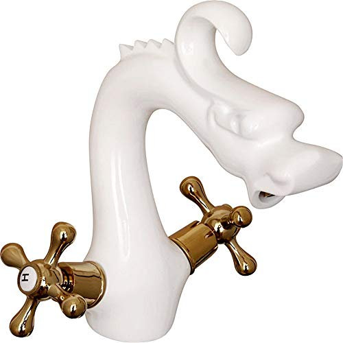 YAWEDA Plaqué Or Blanc Porcelaine Cuivre Bathbasin Robinet, Blanc Antique Salle De Bains Robinet D'Évier Mélangeur, Poignée Double.