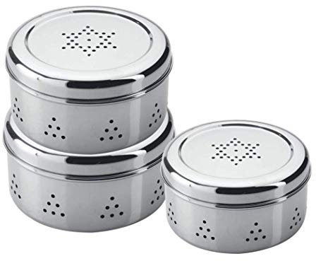 IndiaBigShop Multi-Purpose Stainless Steel Storage Container Puri Dabbas/Flat Canisters with Air Ventilatio, Food Safe Box, Fridge Storage Containers - Set of 3, 13, 22, 28 Oz