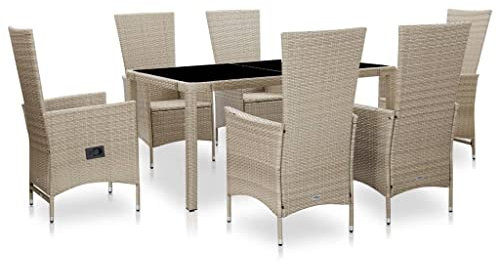 vidaXL Gartenmöbel 7-TLG. mit Auflagen Sitzgruppe Gartengarnitur Gartenset Sitzgarnitur Rattanmöbel Tisch Stühle Poly Rattan Beige