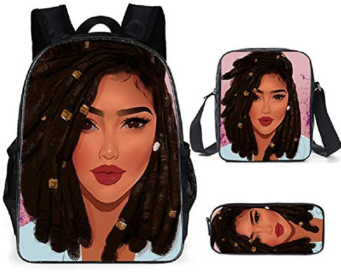 NANANA 3 Stück Langlebige Studententasche Afrikanisches Mädchen Große Kapazität, Kinder Jungen Rucksack Schule Büchertasche Lunch Bag Bleistifttasche 15 Zoll Laptop Rucksack, 40x30x15cm,#15