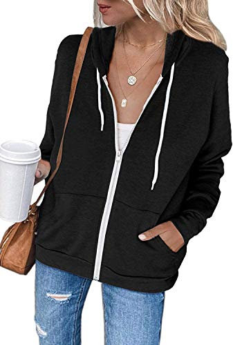 Maavoki Damen Kapuzenjacke Schwarz Einfarbig Full Zip Hoodie Sweatshirt Jacke für Damen L