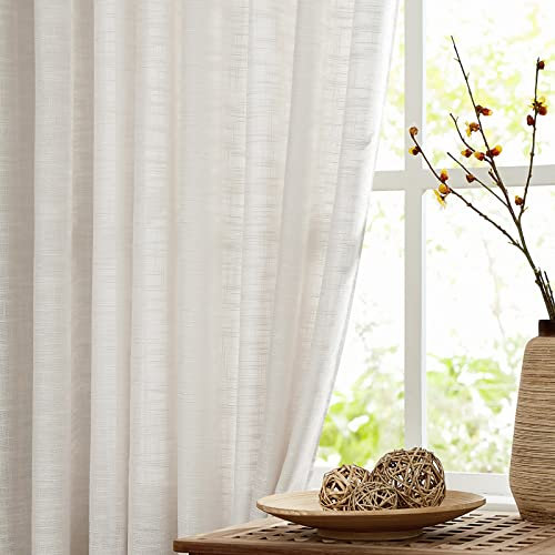 Fmfunctex Beige Sheer Curtains for Living Room 90 Drop Semi Sheer Eyelet Curtains for Bedroom, Privacy Protect Light Filtering Window Curtain Drapes for Dining Room 2 Panels