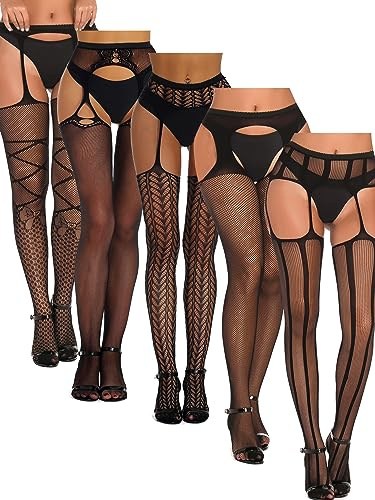 SOUTHRO 5 Pairs Black Thigh High Stockings Patterned Tights-Fishnet/Net,Garter Belts Set & Suspender Pantyhose for Women