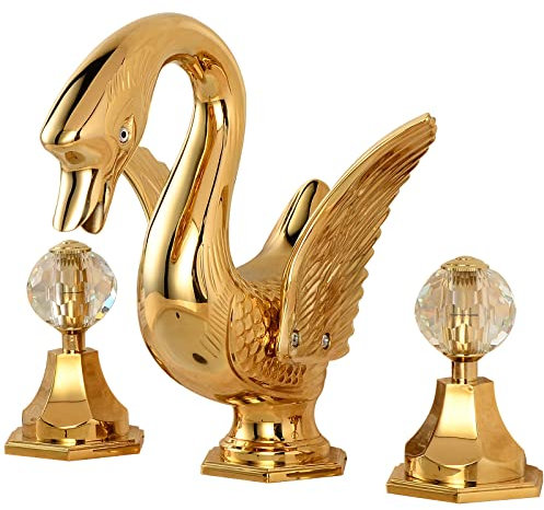 YCCUZA Breiter Badezimmer-Wasserhahn Schwan-Design Gold Zwei Griffe 3 Löcher 8-16 Zoll Badezimmer Waschbecken Wasserhahn WC Mischbatterie mit Wasserversorgung Schlauch Deckmontage Badewanne