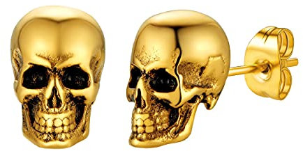 Boucles d Oreilles Homme Tete de Mort Or Plaque Petit Clou Crane Punk Boucles d'oreilles Garcon Hip Hop Clou Oreille Fantôme Femme Ado Jeune Viking Amulette de Protection