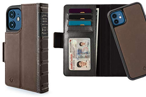 Twelve South 73750 South BookBook für iPhone 12 Mini MagSafe-kompatible 3-im-1 Leder Klapphülle mit Display-Ständer und Abnehmbarer Magnet-Hülle (braun) 12-2101