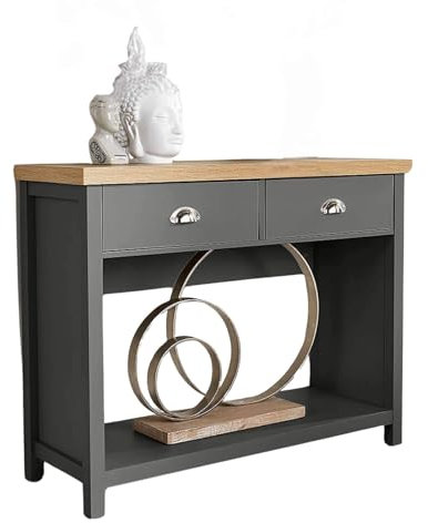 Home Source 2 Drawer Console Side Table Compact Sideboard Storage, Dark Grey, Oak Effect