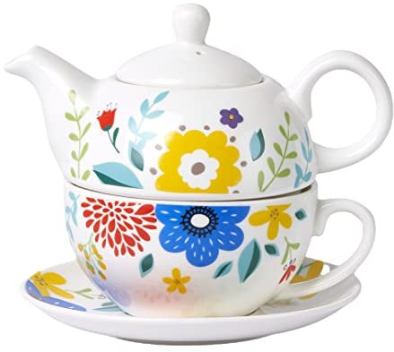 CHILDIKE Porcelain Tea for One, Colorful Flower Teapot and Cup Set, Garden Spring