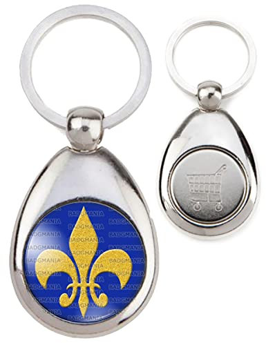 Badgmania Porte Clés Métal Goutte Jeton de Caddie Porte-Clés Acier Goutte Fleur de Lys Royale Roi de France Royauté - Or sur Fond Bleu