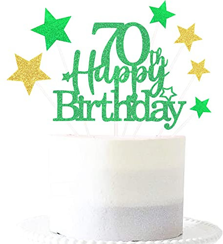 Glittery 70th Happy Birthday Cake Topper with Star,Personalised 70 Birthday Cake Toppers Party Decorations Party Supplies for Boys Girls Green Gold