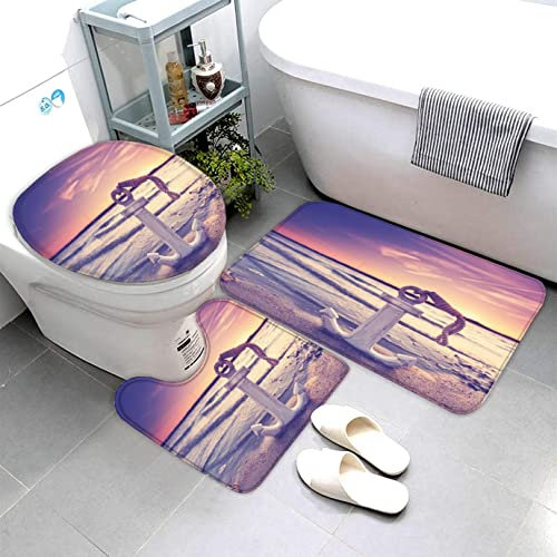 Lavnox Badematten Set 3D Anker Sonnenuntergang 3-teiliges Absorbierend Flanell Badezimmerteppich-Set 50x80cm, Marine Nautisch Badteppich Schnell Trocknend Weich Badvorleger mit WC Deckelbezug